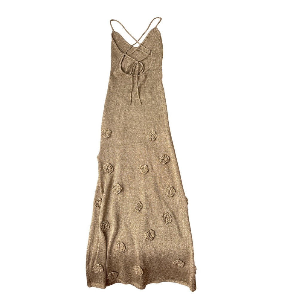 Meshki Suki Metallic Knit Maxi Dress Women Gold 3D Floral Applique SIZE S - Picture 9 of 9